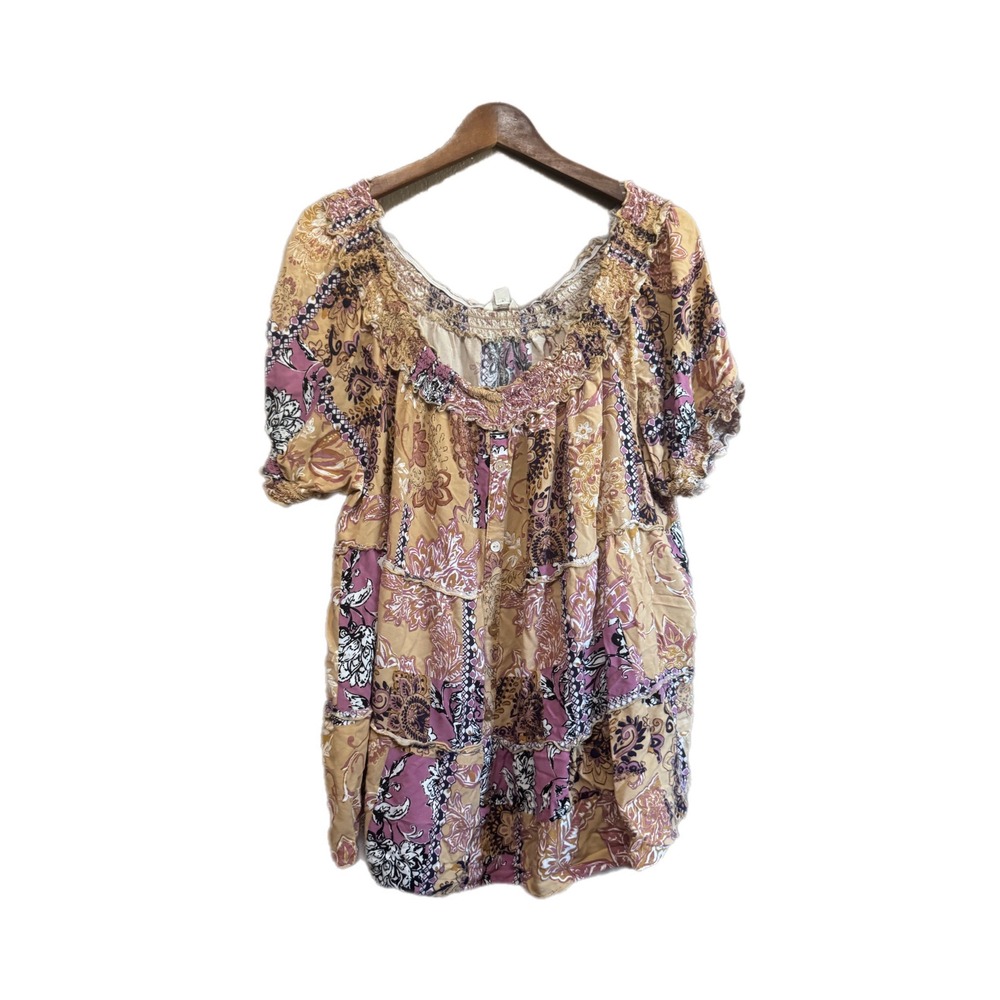 Cato Peasant Blouse Womens 22/24W Yellow Purple Excellent Boho Floral Smocked